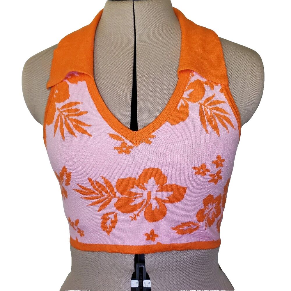 Wild Fable Women's Knit Top Small Pink Orange Hawaii Print Crop Vest Sleeveless